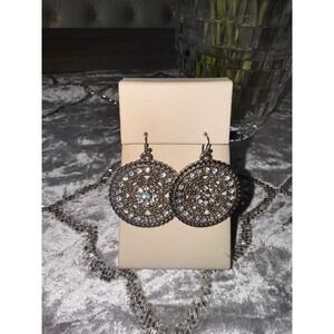 Round‎ Filigree Mandala Sparkle Dangle Earrings Silver Tone Rhinestones
